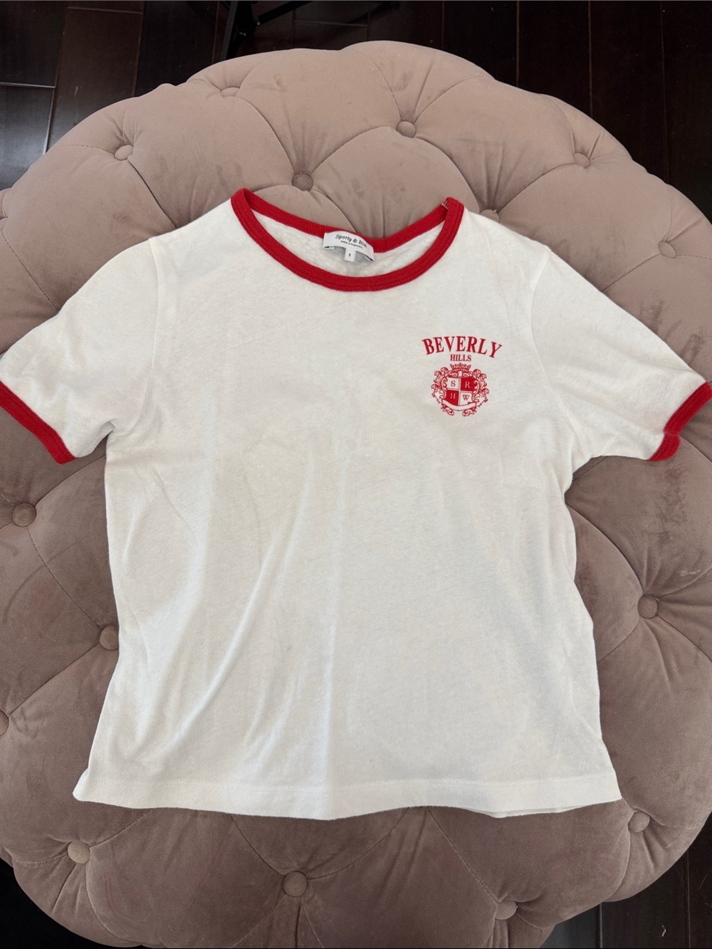 Sporty & Rich White Tee with Red Ringer Trim and Beverly Hills Logo